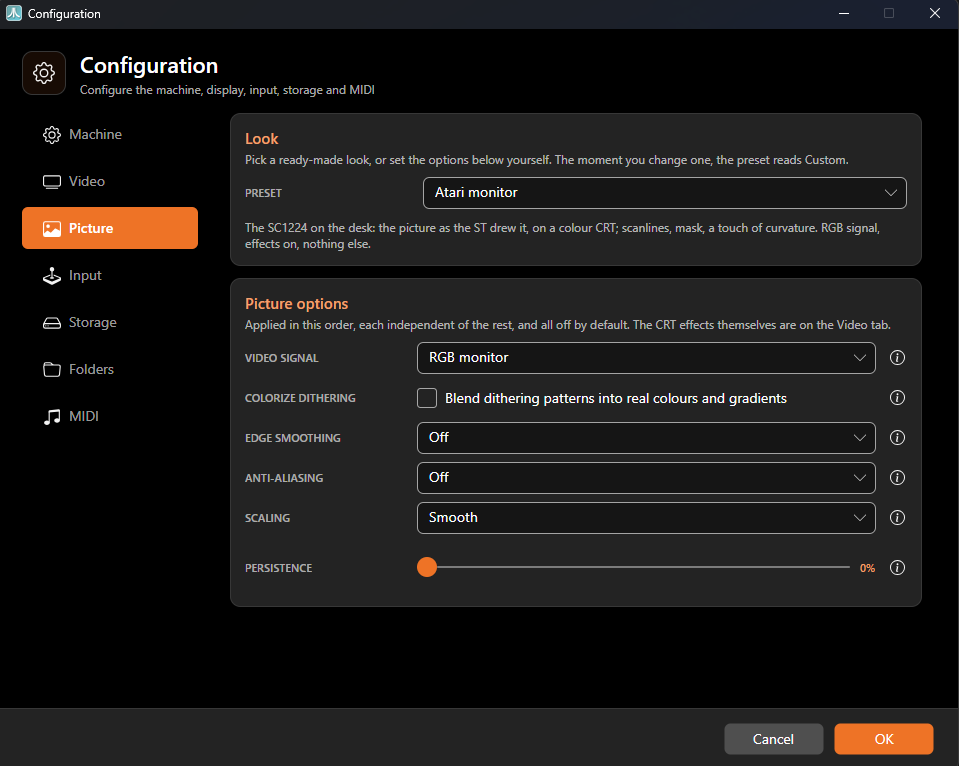 ASE picture settings and Atari monitor preset